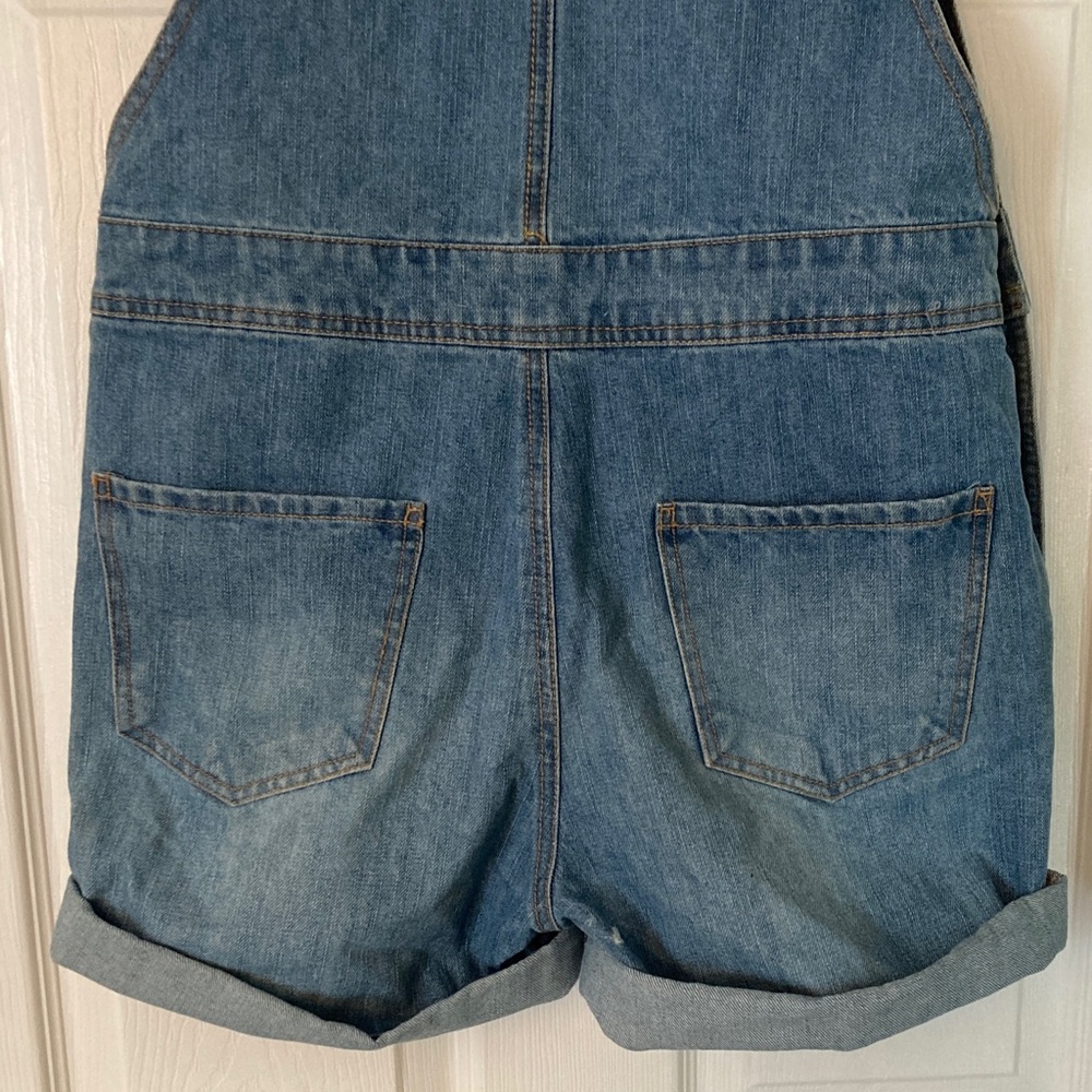 Denim Short Overalls - Blue Distressed Women's Jeans - Picture 8 of 11